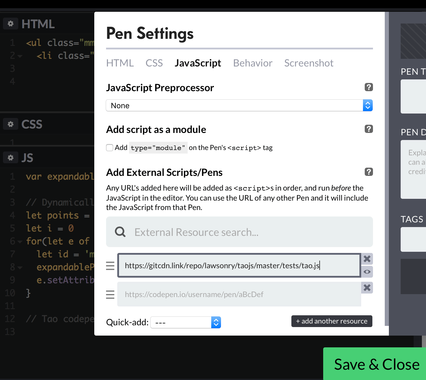 Add the tao.js CDN url to your JavaScript external scripts.